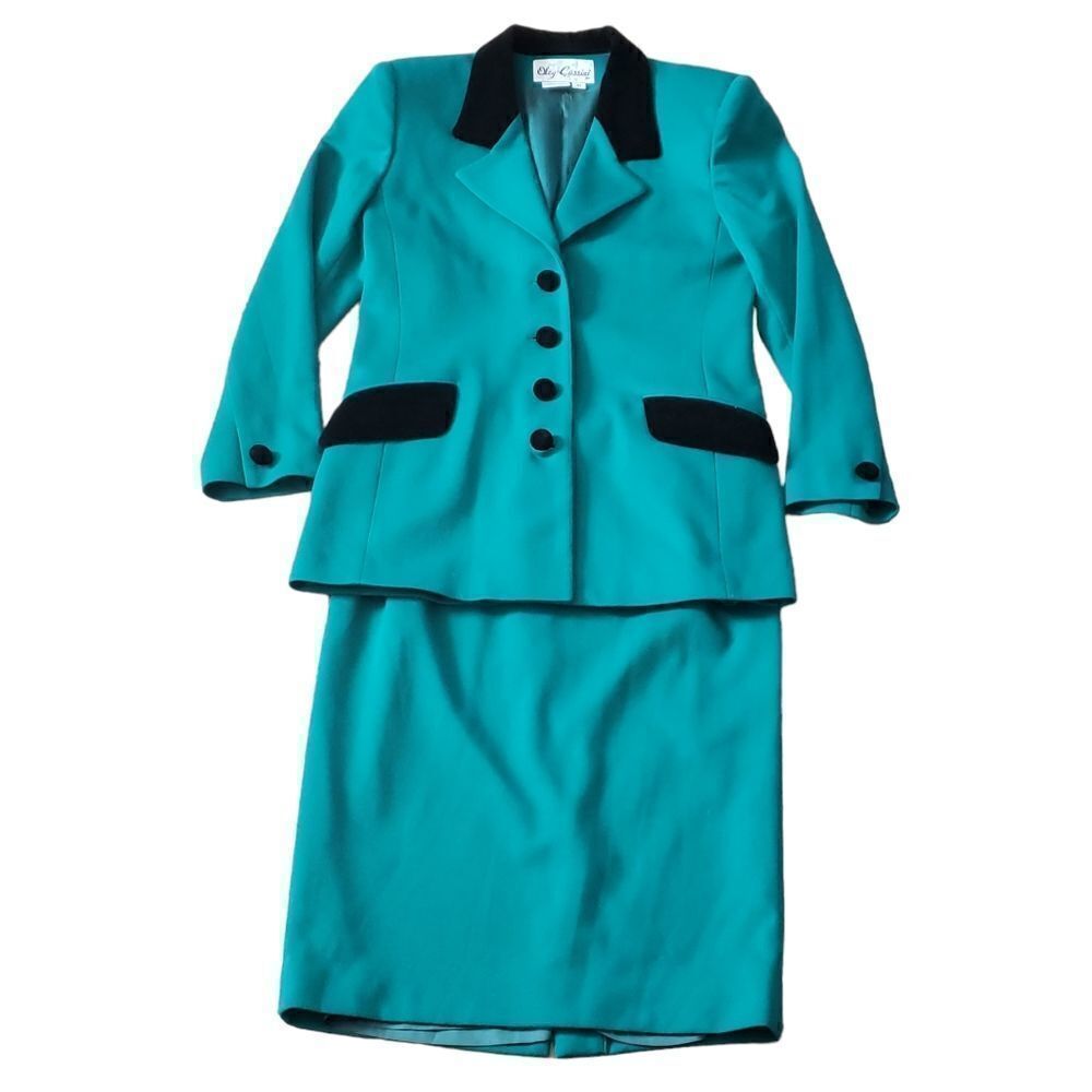 Oleg Cassini Green Black Collar Blazer Skirt Set Size 10